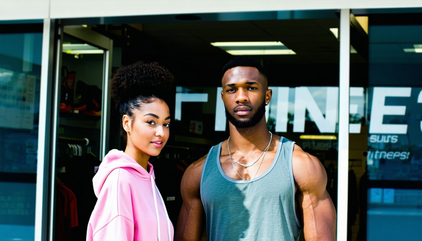 A Young black couple seen from the front entering a fitness store-2