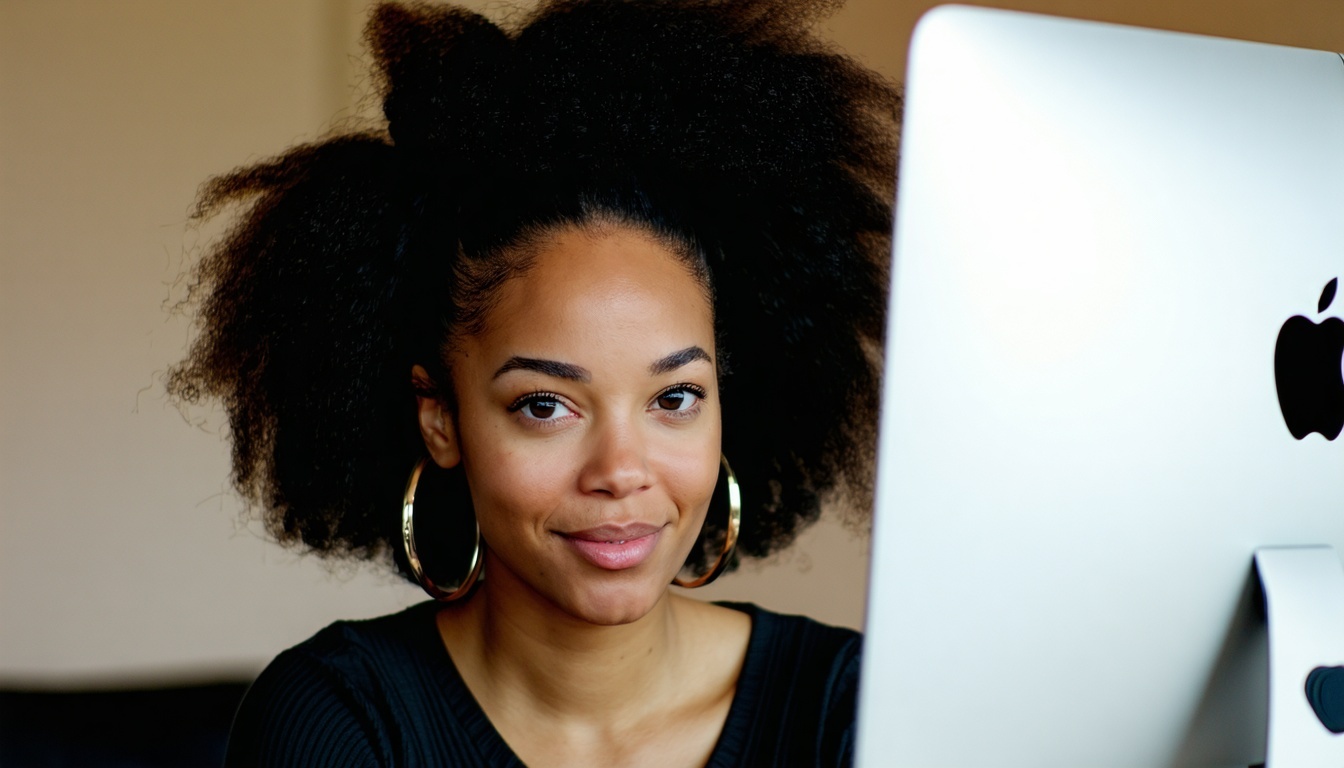 An attractive black woman in front of an Apple computer is designing a SVG Tiny 12-2