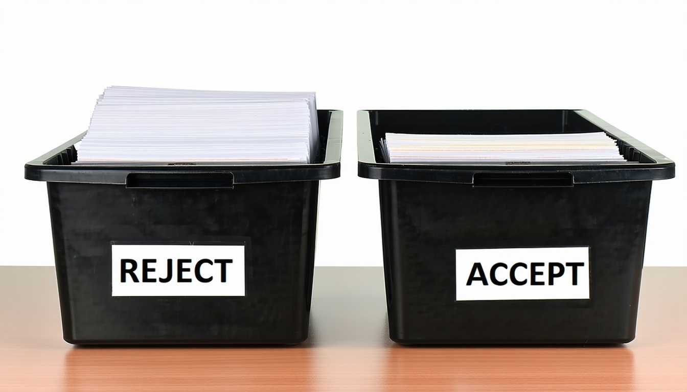 Filing trays on the table One of them is marked as the REJECT and rthe other wone as ACCEPT-1
