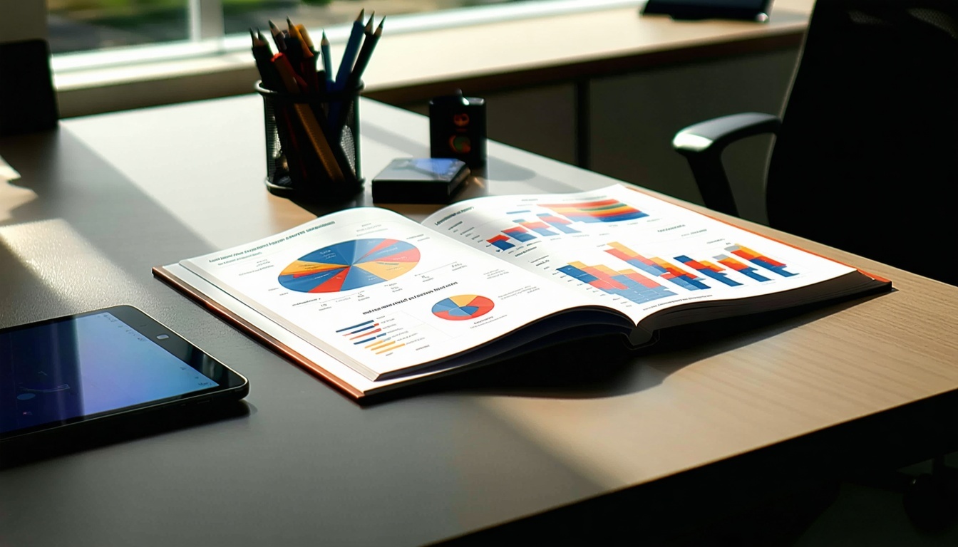 The sleek contemporary office desk boasts a smooth polished surface illuminated by natural light streaming through a nearby window On the desk a bound marketing report rests prominently its professional cover featuring a vibrant design and bold typog-2