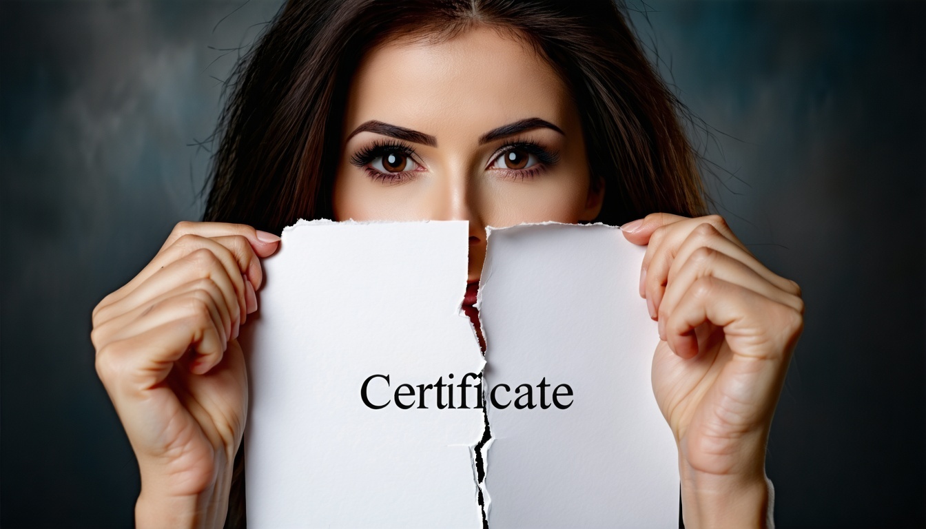 The woman's hands, delicate yet determined, grip the edges of a crisp, official-looking piece of paper emblazoned with the word 