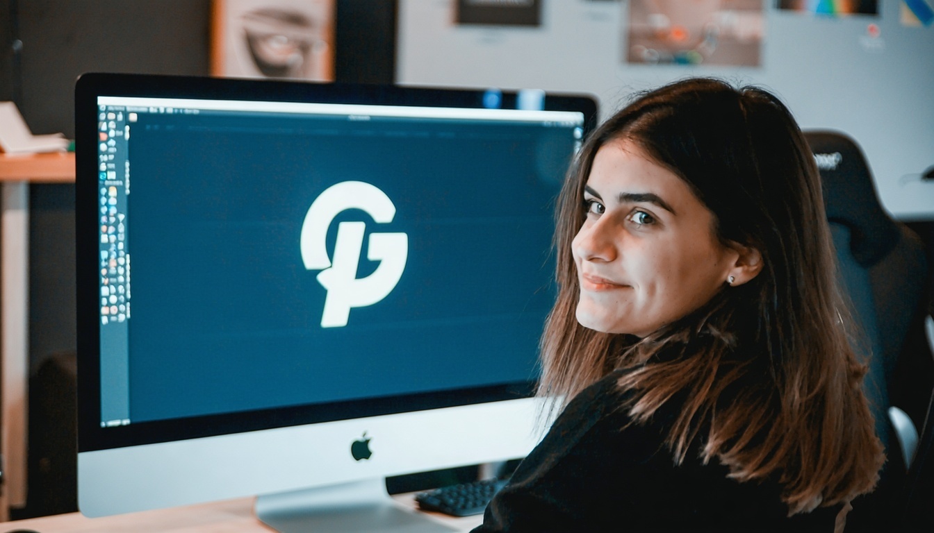Young woman in front of the computer looking at a finished logo checking for BIMI Compliance