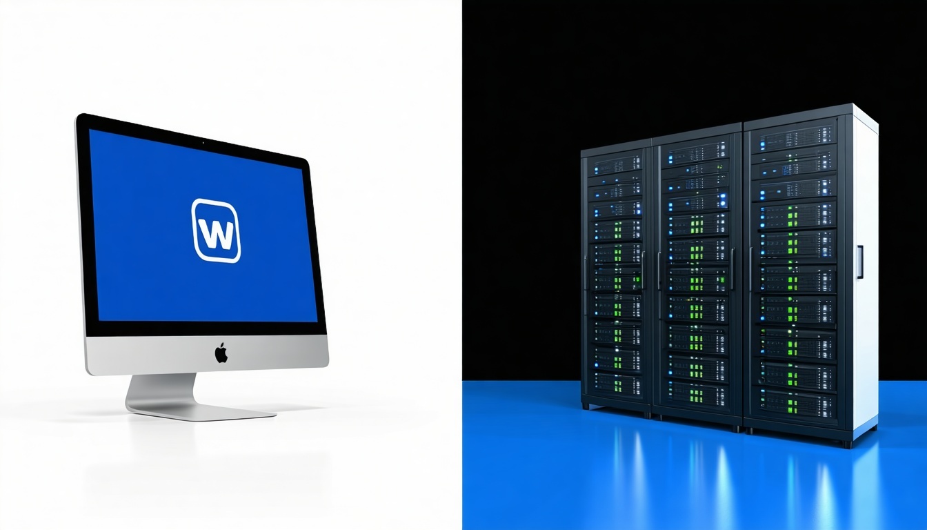 image split in half one half depicting a monitor with logo and other half depicting web servers-2