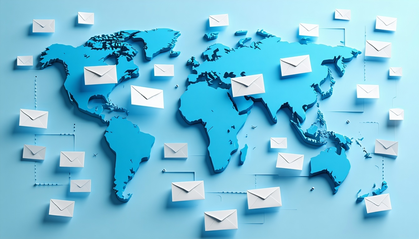map of the world while emails fly from one continent to the other
