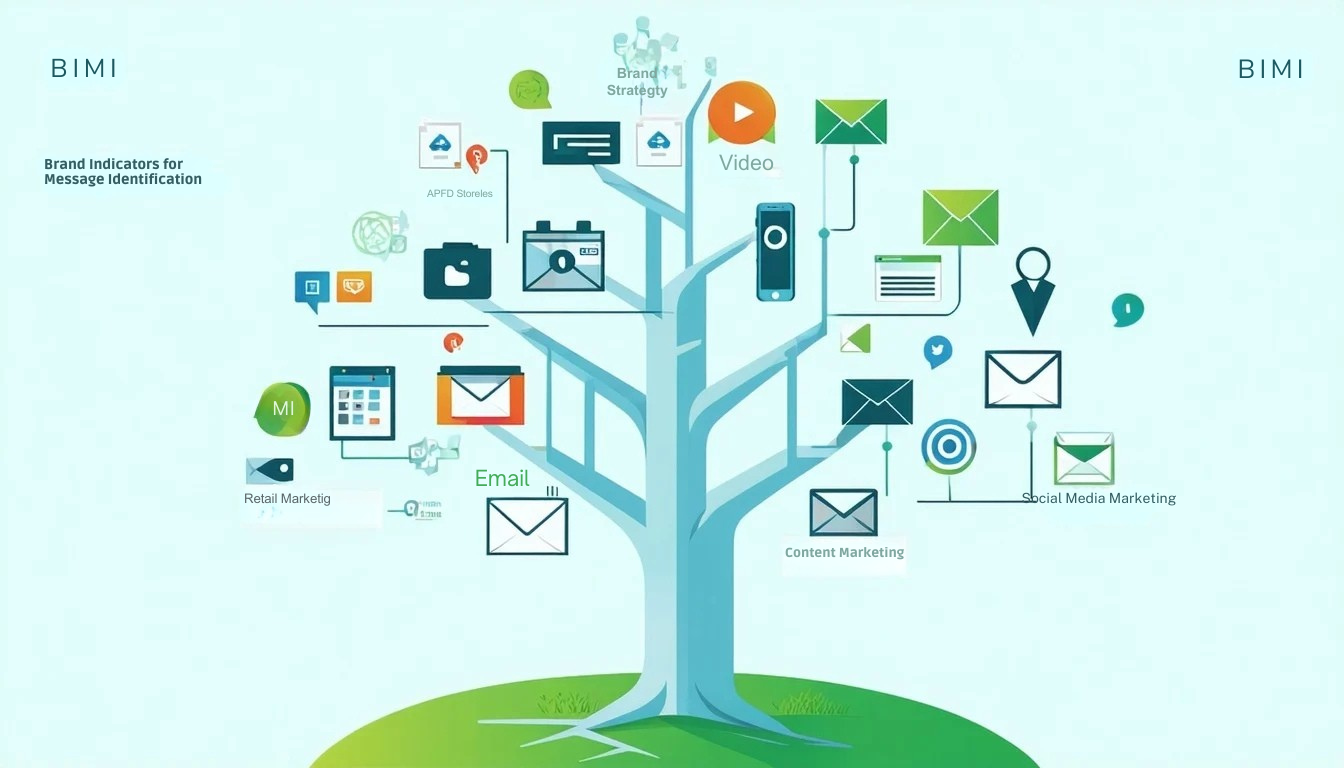 BIMI or Brand Indicators for Message Identification serves as the foundational trunk of a marketing strategy tree providing a robust framework for brand recognition and trust in digital communications From this central pillar various marketing tactic-